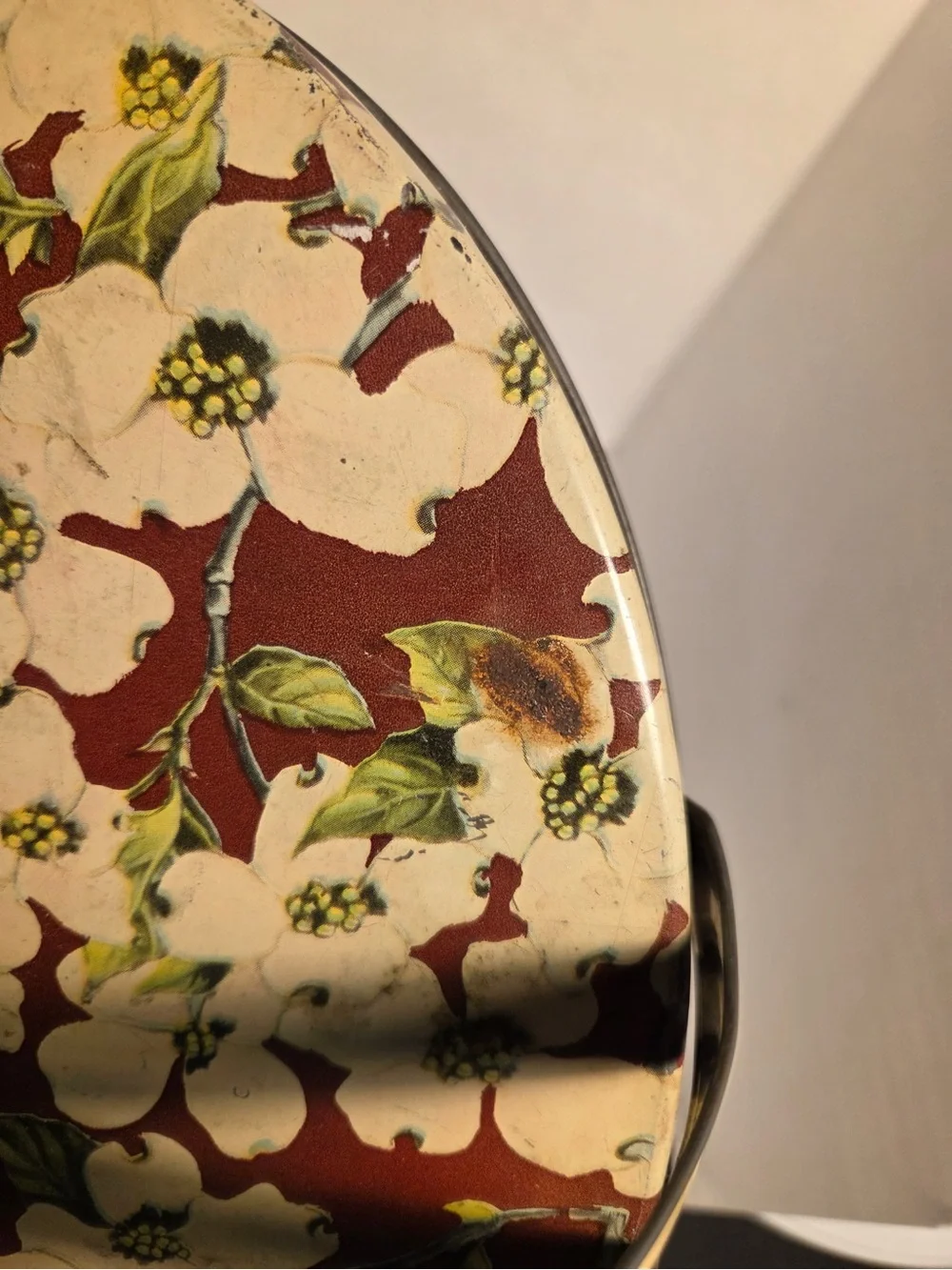 Vintage Dogwood Flower Metal Tin With Handles White Brown Sewing Basket